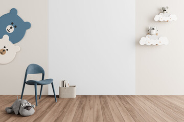 Modern Kids Room PNG with Shadow - Blue Chair, Stuffed Dog Toy and Books Basket for Playroom Mockup Design – Transparent Wall Mockup with Realistic Shadows – 3D render