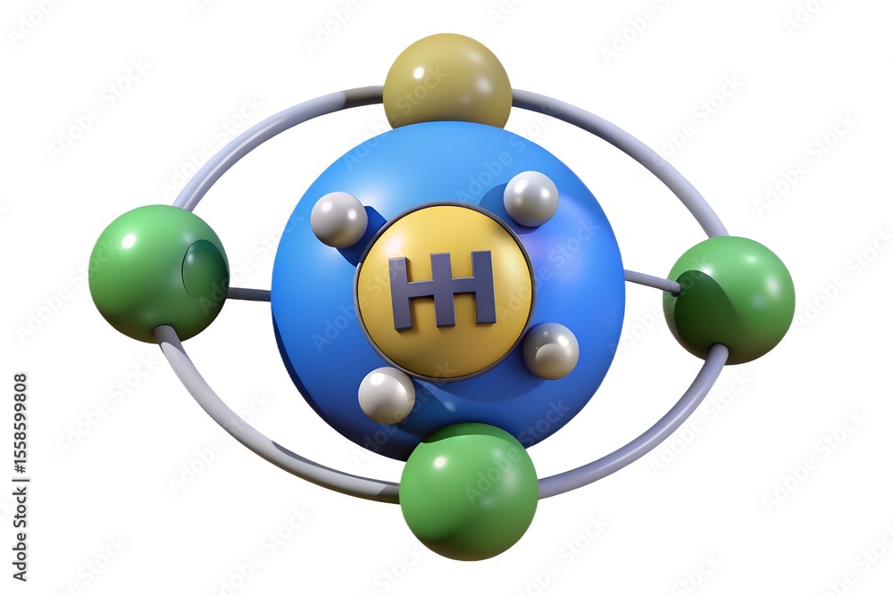 Poster abstract 3d model of a molecule with central hh symbol and orbiting spheres