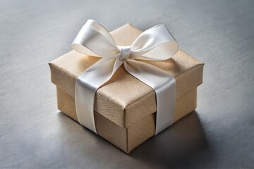 Obraz premium A gold gift box with a white satin ribbon is elegantly presented