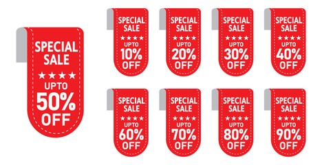 discounts numbers percent sign in red and white colours isolated on yellow background, from 10%,20%,30%,40%,50%,60%,70%,80%,90% discount's.
