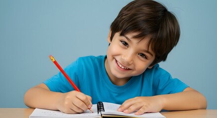 Smiling child writing in notebook with pencil at desk. Happy boy doing homework, learning, education, childhood, studying, school, fun, joy.