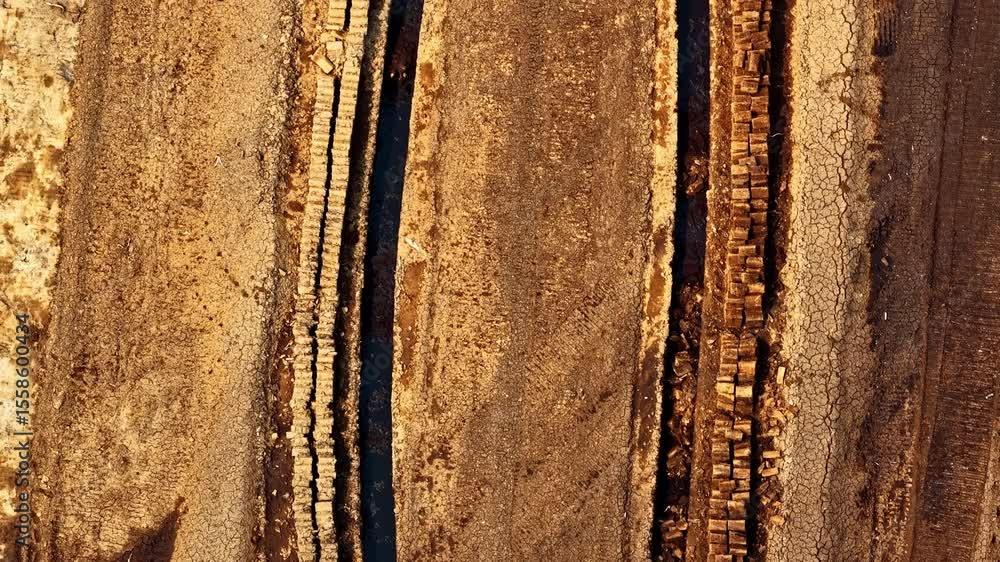 Poster stacks of harvested peat blocks dry in orderly rows across prepared field seen from above