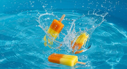 Orange and Yellow Popsicles Splashing in Blue Water

