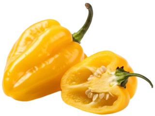 Single yellow habanero chili pepper and single halved slice of yellow habanero chili pepper isolated on white background. Suitable for marketing or business purposes. PNG file