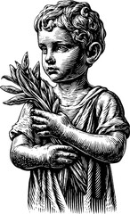 Obraz premium Vintage child statue holding green beans - engraved illustration for retro decor