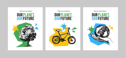 Hand drawn vintage eco-friendly ecology banner set. Green project and exhibition collage design. Vector sketch vector illustration