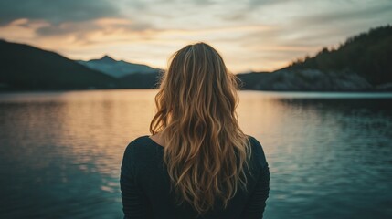 Fototapeta premium A woman looking into the distance at sunset by a calm lake, surrounded by mountains and with gentle reflections on the water's surface.