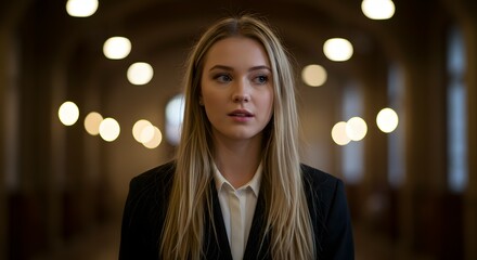 Obraz premium Elegant young woman in a business suit standing in a corridor, looking thoughtful. Focus on the girl with a blurred background and ambient lighting.