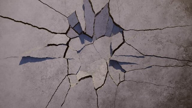Stone or concrete surface shatters and breaks from the center, revealing a dark void. Dynamic ground breaking or wall destruction effect perfect for a dramatic transition or opener