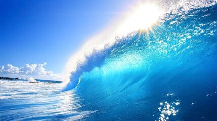 Sunlit ocean wave curling, turquoise water, bright blue sky, sunlight.