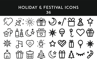 Holidays, Celebrations: Icon Bundle Christmas, Valentines, Party Gifts, Hearts, Moon, Balloons, Winter and Party Festival Icon Collection EPS JPG Design Bundle