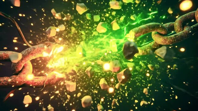 Explosive chain breaking apart with vibrant colors and sparks in a dynamic abstract background