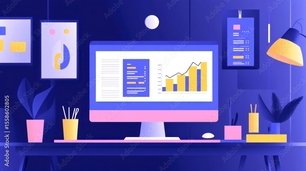 Poster Modern workplace desk with computer displaying graphs and charts.