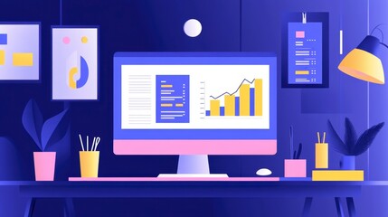 Modern workplace desk with computer displaying graphs and charts.