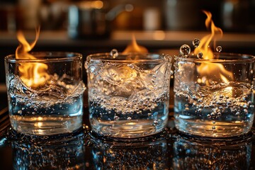Three glass tumblers, filled with water and flames, creating an abstract display.  Water splashes and bubbles surround the flames.  Blurred background suggests a kitchen or bar setting