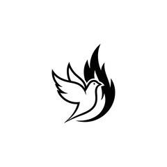 Obraz premium A stylized black and white image of a dove with wings outstretched and flames behind it on white background