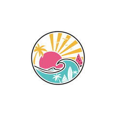 Fototapeta premium Beach club logo featuring sun palm trees wave surfboard watermelon and birds inside a black circle border