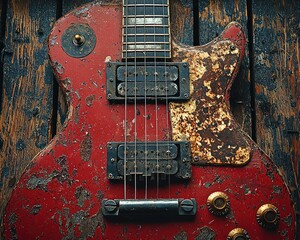 Rusty red electric guitar on wood