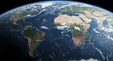 Fototapeta premium High-resolution orbital view of our blue planet Earth, showcasing continents, vast oceans, and dynamic cloud formations, emphasizing the global ecosystem from space.