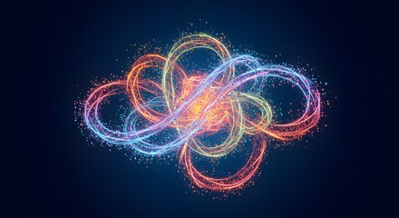 Stunning abstract luminous particle trails intertwining to form an intricate, vibrant knot, symbolizing complex energy flows and interconnectedness.