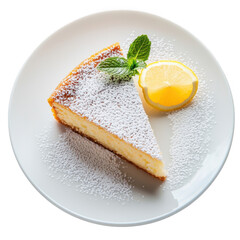 Lemon Cheesecake Slice with Powdered Sugar and Mint Garnish on White Plate isolated on a transparent background