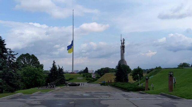 Motherland Monument in Kyiv Ukraine with Flag at Half Mast