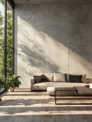 The image showcases a contemporary and inviting living room, bathed in natural light from large windows. 