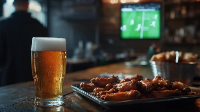 Enjoy a pint of beer with a side of delicious chicken wings in a vibrant bar scene. Ideal for foodies and socializing with friends. Generative AI