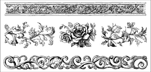Vintage floral border strips and bands for decorative design in retro style
