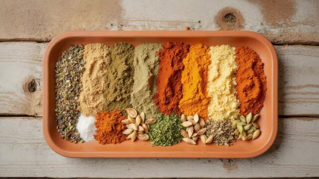 Assortment of colorful spices arranged on a wooden tray  