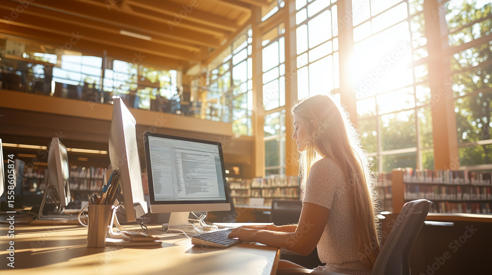Aufkleber student studying at a library during afternoon sunlight with computer and calm atmosphere