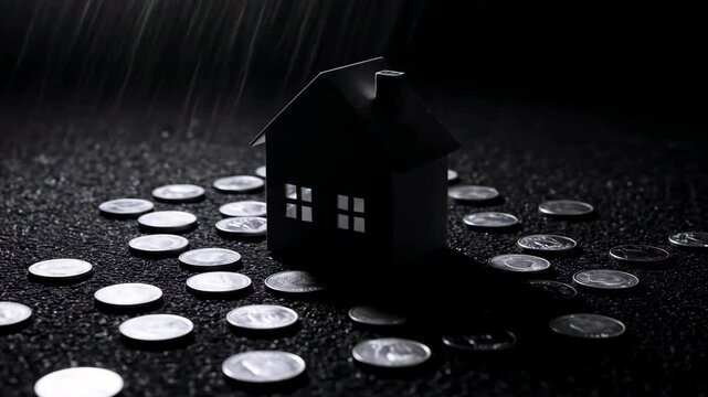 A miniature house model surrounded by scattered coins on a dark surface, symbolizing real estate investment