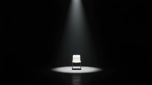 White chair under spotlights, creating drama and focus in a minimalist scene, evoking feelings of