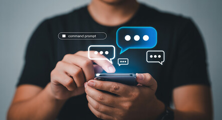 Person using smartphone with digital chat bubbles and command prompt hands typing