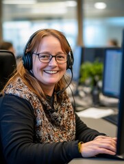 Friendly and professional woman in headphones working at a computer with a smile on her face. She appears to be providing customer service or tech support.