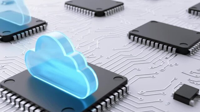 Cloud computing concept with a digital cloud icon on a microchip circuit board background