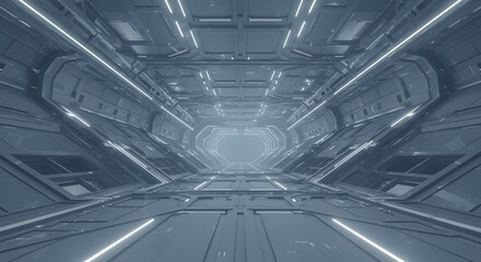 Obraz premium Futuristic corridor design, featuring advanced technology and a modern, industrial aesthetic with bright lighting and geometric shapes, creating a captivating visual appeal.