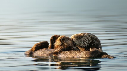 Sea otters at dawn on California coast