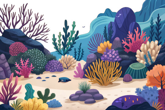 underwater coral reef filled with colorful marine life cartoon vector ideal for ocean themed projects, environmental visuals, and aquatic biodiversity education content