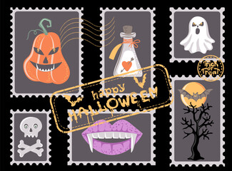 Happy Halloween banner with retro postage stamps. Halloween decorative design. Vector illustration.