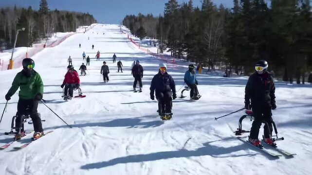 Enjoying adaptive skiing at a winter sports program for individuals with diverse abilities during a sunny winter day