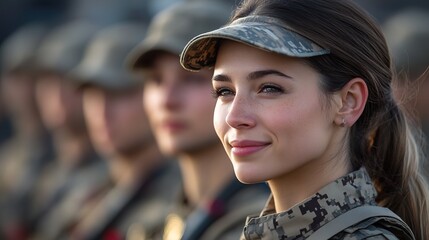 Realistic Portrait of a Smiling Woman Soldier in Camouflage Uniform