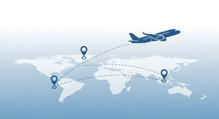 Global Air Travel Routes Airplane Flight Path Over World Map with Destination Markers