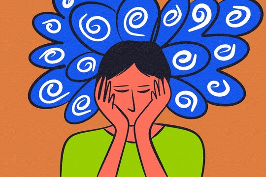 Illustrated person with swirling thoughts representing stress