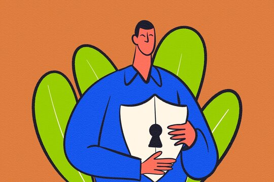 Illustration of person holding shield with leaf background