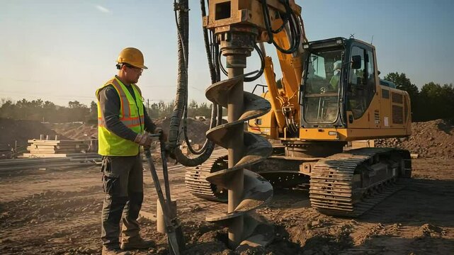 Construction worker operating a large auger drill on a construction site during sunset, with machinery and earthworks visible in the background