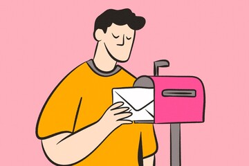 Man checking mail in pink mailbox illustration