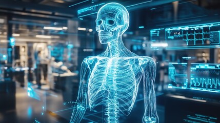 Futuristic X-Ray Glowing Skeleton with Data Visualization Science Lab Background
