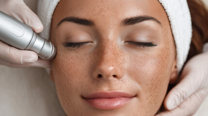 Woman enjoys facial treatment with device aimed at rejuvenating skin. Relaxing spa setting with soft lighting, focused on skincare and wellness. Concept of beauty, skincare clinics, health spas