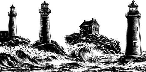 Fototapeta premium Coastal lighthouses and cliffs with ocean waves in vintage hand-drawn style for nautical design